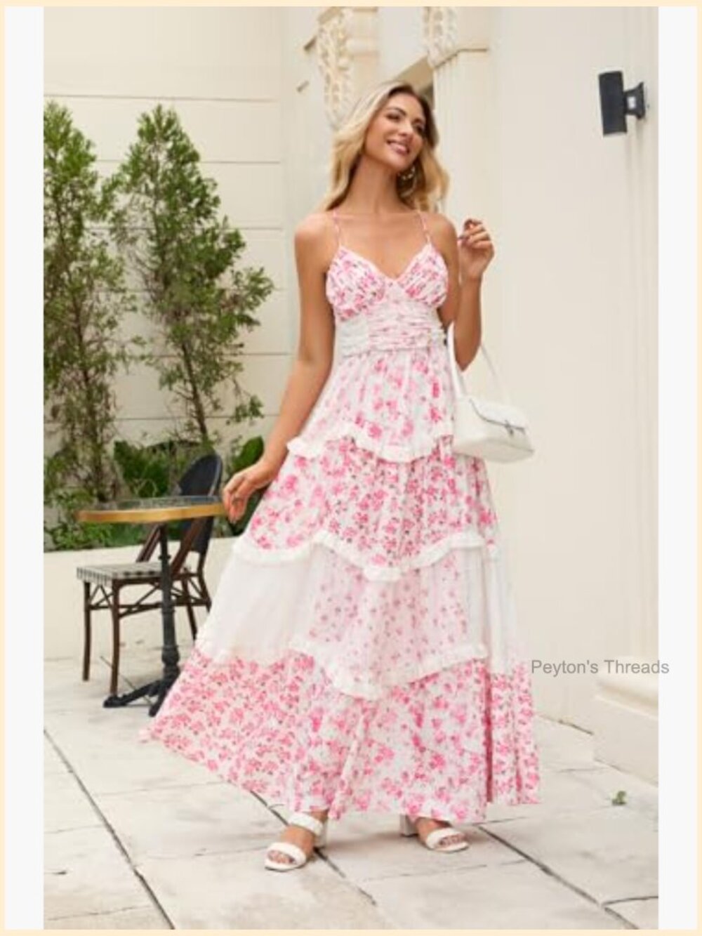 Boho Floral Maxi Dress Spaghetti Strap V-Neck Patchwork Flowy Summer Fall - Picture 5 of 7